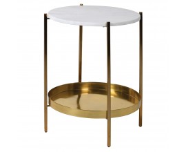 Art deco mramorový okrúhly príručný stolík Augustin z kameňa v bielej farbe so sivým žilkovaním so štyrmi nožičkami s okrúhlou táckou s vyvýšeným okrajom z kovu v zlatej farbe