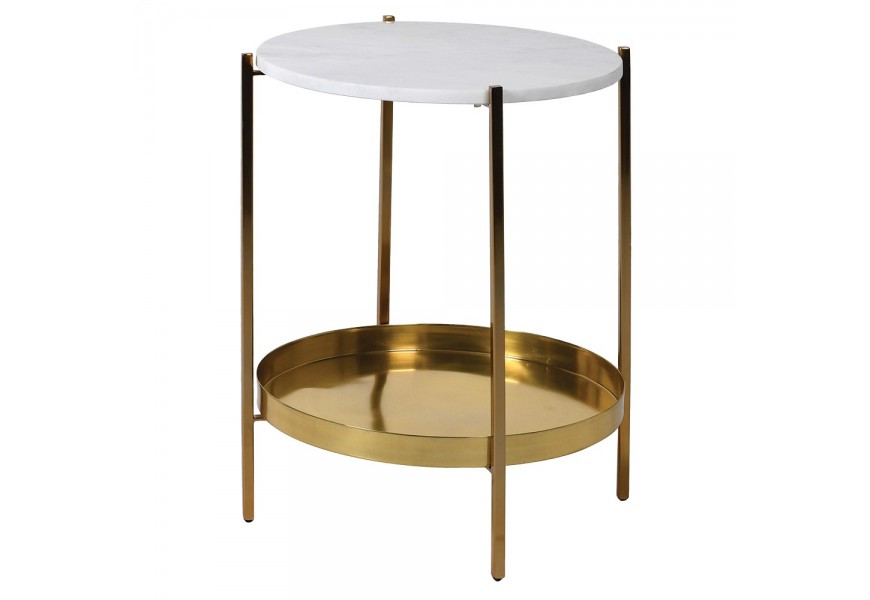 Art deco mramorový okrúhly príručný stolík Augustin z kameňa v bielej farbe so sivým žilkovaním so štyrmi nožičkami s okrúhlou táckou s vyvýšeným okrajom z kovu v zlatej farbe