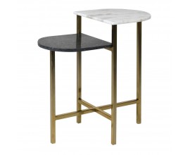Art deco mramorový príručný stolík Duomarble so zaoblenými dvomi vrchnými doskami v čiernej a bielej farbe s kovovými nožičkami so spodnou priečkou v tvare x z nehrdzavejúcej ocele v zlatej farbe