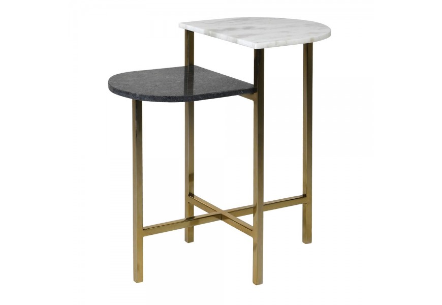 Art deco mramorový príručný stolík Duomarble so zaoblenými dvomi vrchnými doskami v čiernej a bielej farbe s kovovými nožičkami so spodnou priečkou v tvare x z nehrdzavejúcej ocele v zlatej farbe