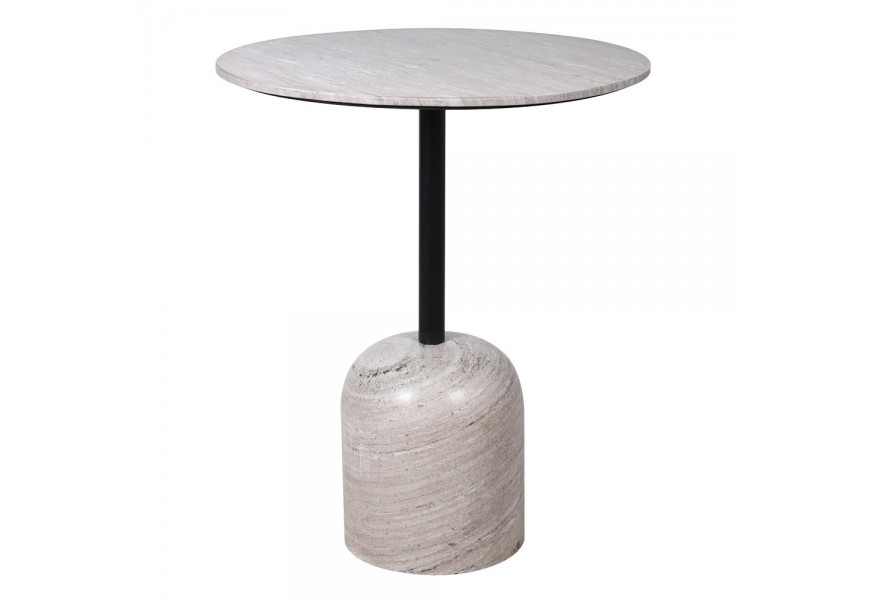 Luxusný okrúhly barový stolík Porto zo sivého mramoru s bielym žilkovaním s jednou čiernou nohou 95 cm