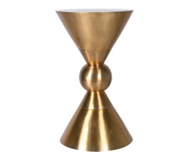 Art deco okrúhly zlatý príručný stolík v tvare presýpacích hodín s dekoratívnou guľou v strede z hliníka s okrúhlou vrchnou doskou