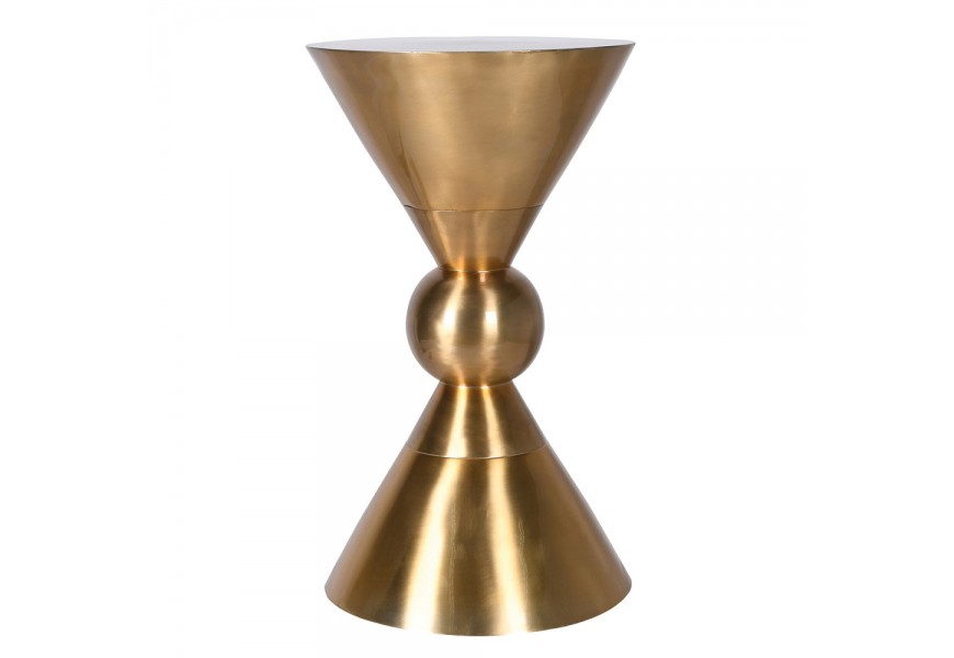 Art deco okrúhly zlatý príručný stolík v tvare presýpacích hodín s dekoratívnou guľou v strede z hliníka s okrúhlou vrchnou doskou