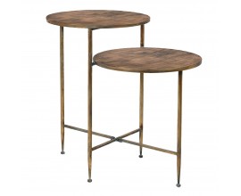 Vintage okrúhly medený dvojúrovňový príručný stolík Orvella so štyrmi nožičkami spojenými priečkou v tvare X zo železa s povrchovou dry-wash úpravou s patinovými detailmi