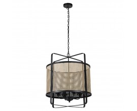 Vintage béžová okrúhla stropná lampa s dekoratívnym efektom ratanového výpletu z kovu s čiernou konštrukciou s reťazou s okrúhlym stropným zakončením