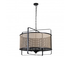 Industriálna béžová okrúhla lampa Ravel s ratanovým vizuálom s obdĺžnikovou konštrukciou v čiernej farbe s reťazou s okrúhlym stropným krytom