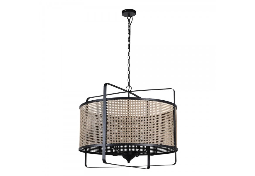 Industriálna béžová okrúhla lampa Ravel s ratanovým vizuálom s obdĺžnikovou konštrukciou v čiernej farbe s reťazou s okrúhlym stropným krytom