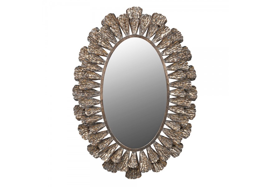 Vintage dizajnové nástenné oválne zrkadlo Levandro s kovovým dekoratívnym rámom s florálnymi motívmi v bronzovej farbe s patinou