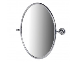 Moderné oválne nástenné zrkadlo s mosadzným rámovaním v striebornej farbe s lesklým povrchom s okrúhlymi úchytkami