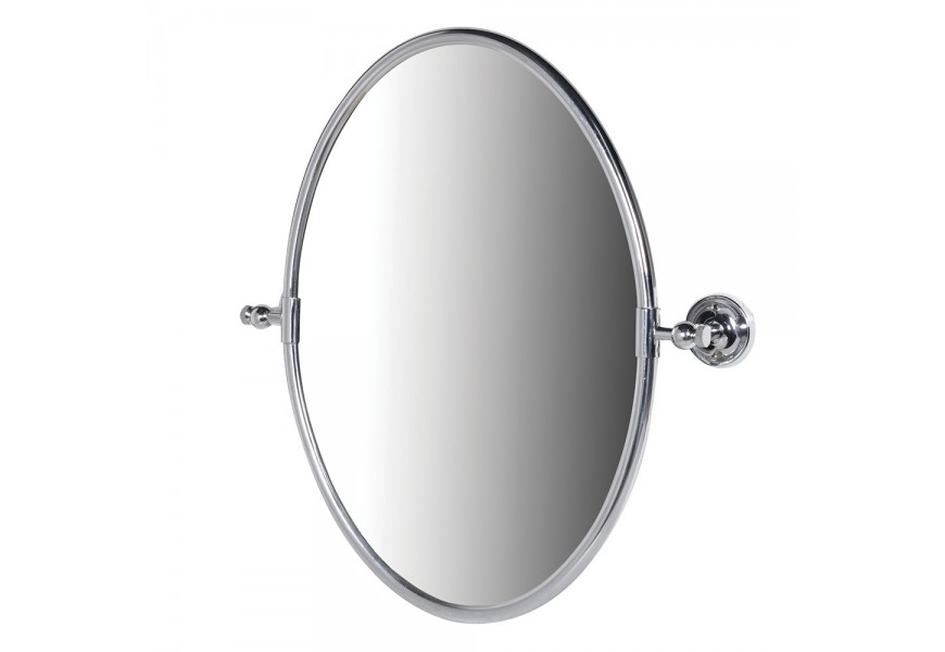 Moderné oválne nástenné zrkadlo s mosadzným rámovaním v striebornej farbe s lesklým povrchom s okrúhlymi úchytkami