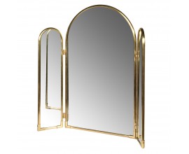 Dizajnové art deco zrkadlo Avella s kovovým rámom v zlatej farbe s oblúkom vo vrchnej časti s dvomi užšími pohyblivými skladacími bočnými panelmi s oblúkmi
