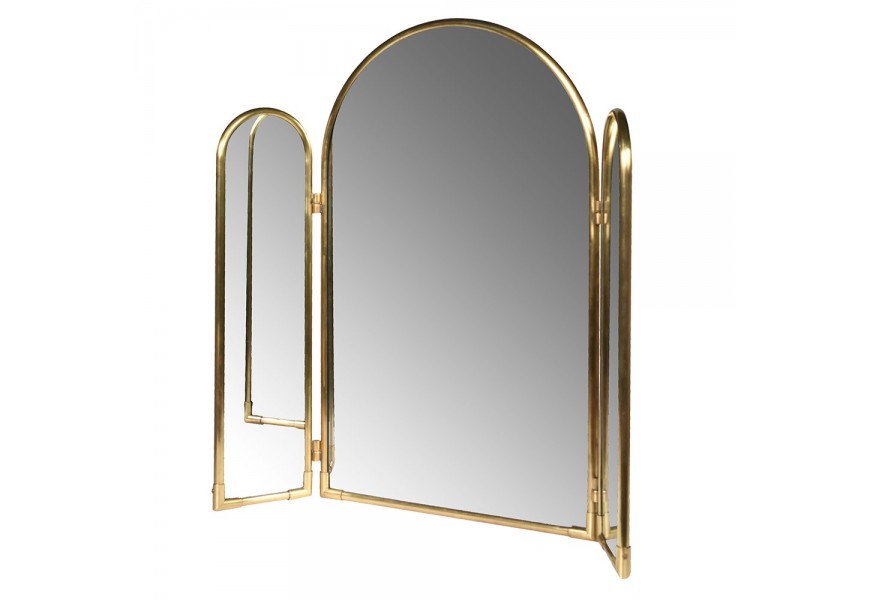 Dizajnové art deco zrkadlo Avella s kovovým rámom v zlatej farbe s oblúkom vo vrchnej časti s dvomi užšími pohyblivými skladacími bočnými panelmi s oblúkmi