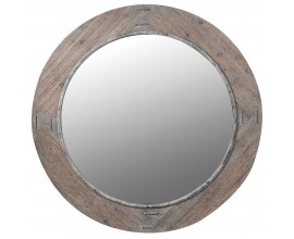 Vintage nástenné okrúhle hnedosivé zrkadlo Many s dreveným rámom s výraznou kresbou letokruhov s kovovými spojmi a lemovaním zrkadlovej plochy so starožitným zostarnutým efektom