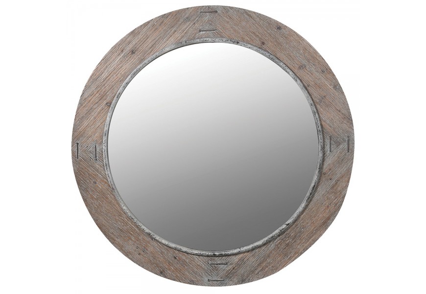 Vintage nástenné okrúhle hnedosivé zrkadlo Many s dreveným rámom s výraznou kresbou letokruhov s kovovými spojmi a lemovaním zrkadlovej plochy so starožitným zostarnutým efektom