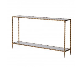 Dizajnový zrkadlový obdĺžnikový konzolový stolík Garopea so štíhlou konštrukciou z kovu v zlatej farbe so špirálovitým zatočením s vrchnou doskou a policou