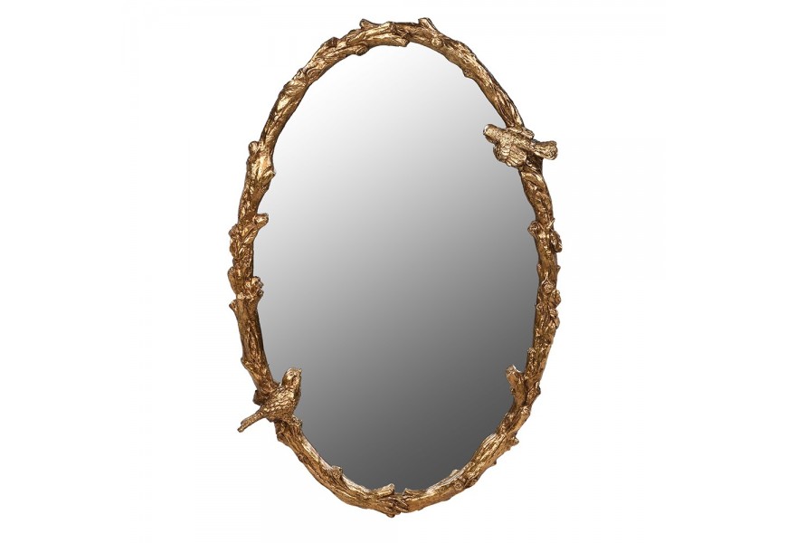 Dizajnové vintage závesné zrkadlo Forestia oválneho tvaru s rámom v zlatej farbe zo spletených konárov s listami a sediacimi vtáčikmi