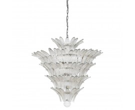 Luxusný dizajnový sklenený luster Fiara s konštrukciou z kovu v lesklom chrómovom prevedení a tienidlom z priehľadných pierok s plastickou štruktúrou v piatich radoch na závesnej reťazi