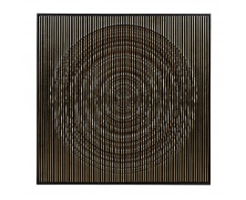 Moderná art deco nástenná dekorácia Modern Wave s plastickým reliéfom vertikálnych línií so zvlneným povrchom tvoriacim obraz kruhu z masívneho dreva v čiernej farbe so zlatým lemovaním v tvare štvorca