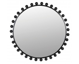 Moderní černé závěsné zrcadlo Blono s kulatou zrcadlovou plochou s tenkým kovovým rámem s pravidelně rozmístěnými dekorativními kuličkami v černé barvě
