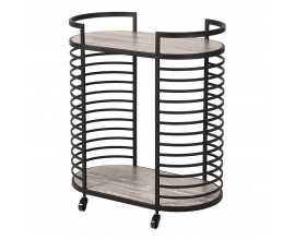 Dizajnový mramorový servírovací vozík Relos s dvomi oválnymi doskami s hnedou a bielou kresbou kameňa s konštrukciou na kolieskach z kovu v čiernej farbe s horizontálnou výplňou na bokoch