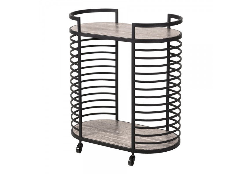 Dizajnový mramorový servírovací vozík Relos s dvomi oválnymi doskami s hnedou a bielou kresbou kameňa s konštrukciou na kolieskach z kovu v čiernej farbe s horizontálnou výplňou na bokoch