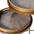 Koloniálna sada okrúhlych príručných stolíkov Amritsar v zlatej farbe s dizajnom vintage mapy 73 cm