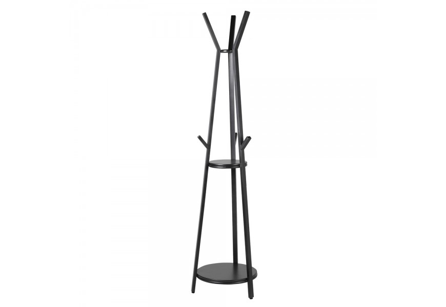 Industriálny okrúhly kovový vešiak Tripod Black s dvomi drevenými poličkami v čiernej farbe 183 cm