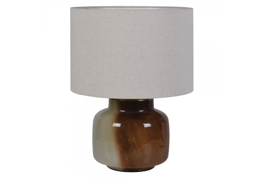 Moderná stolná lampa Terrza s hnedou nohou s efektom keramiky a sivým ľanovým tienidlom 53 cm