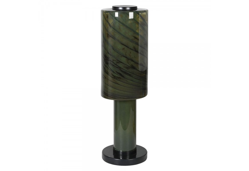 Moderná sklenená nočná lampa Spiral vo valcovom tvare v tmavo zelenej farbe so špirálami s kovovou podstavou v okrúhlom tvare s mramorovým vzorom