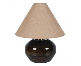 Moderná nočná lampa Globe s hnedou nohou so skleneným efektom v tvare sploštenej gule s ľanovým tienidlom s dizajnom juty v béžovej farbe v kužeľovom tvare