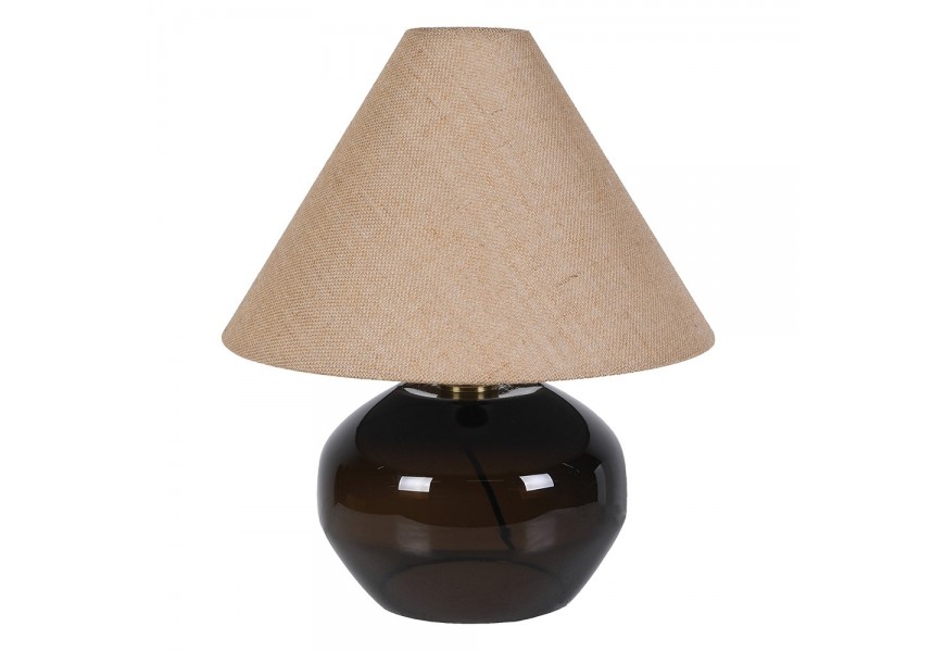 Moderná nočná lampa Globe s hnedou nohou so skleneným efektom v tvare sploštenej gule s ľanovým tienidlom s dizajnom juty v béžovej farbe v kužeľovom tvare