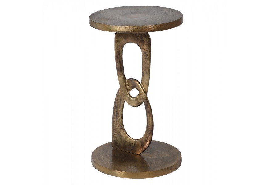 Vintage okrúhly príručný stolík Semin z kovu v zlatej farbe s patinou s okrúhlou podstavou so stredovou časťou s reťazovým dizajnom