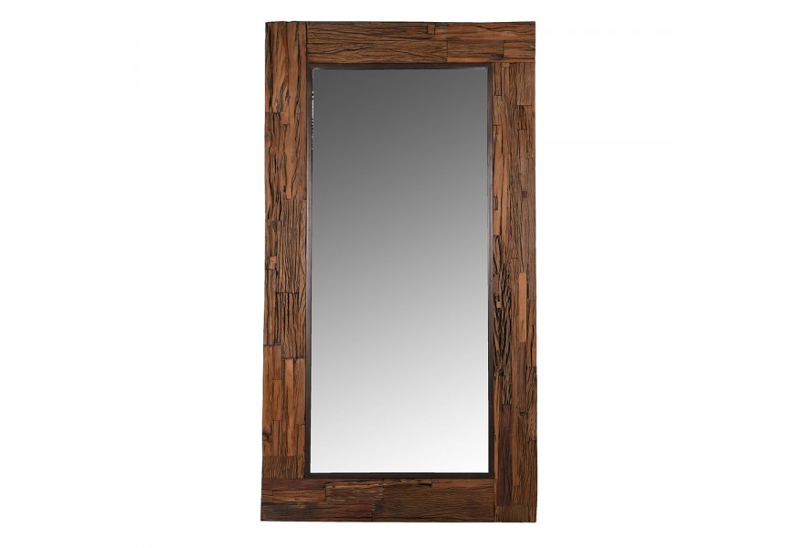 Luxusné vidiecke obdĺžnikové závesné zrkadlo Ravello s masívnym rámom z recyklovaného dreva v hnedej farbe