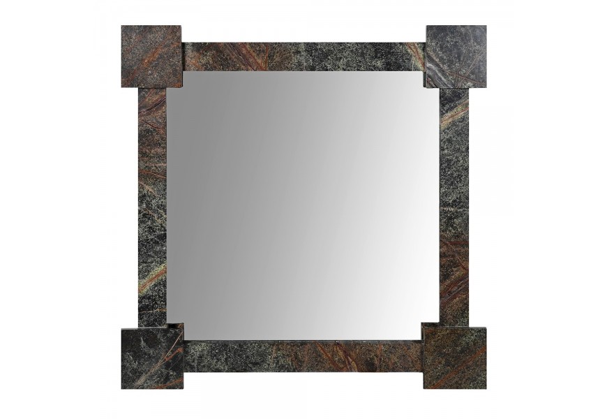 Luxusné industriálne závesné zrkadlo Garen so štvorcovým mramorovým rámom v čiernej farbe s hnedou a sivou štruktúrou s efektom korózie so štvorcovými prvkami na rohoch