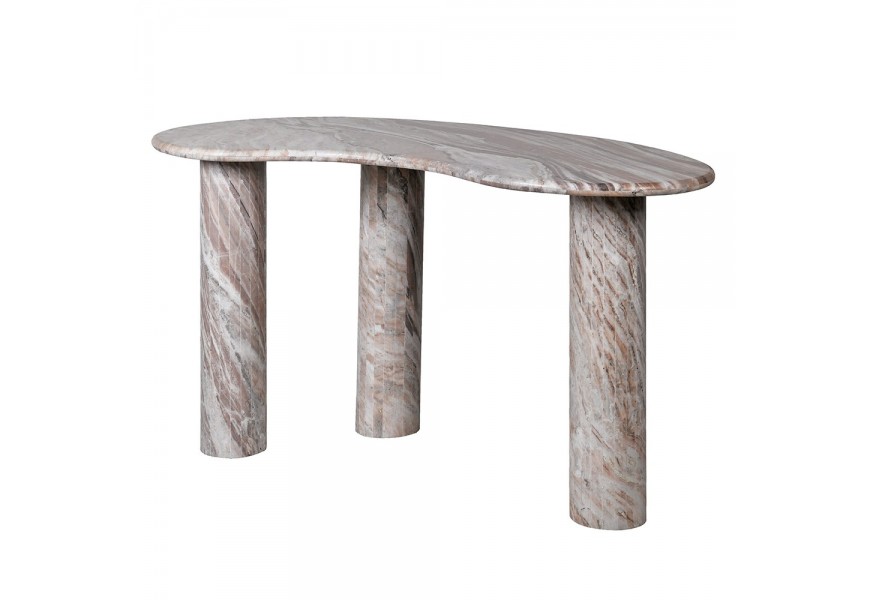 Luxusn&yacute; asymetrick&yacute; mramorov&yacute; konzolov&yacute; stol&iacute;k Aureliola v hnedo b&eacute;žovej farbe s tromi valcov&yacute;mi nožičkami 141 cm 