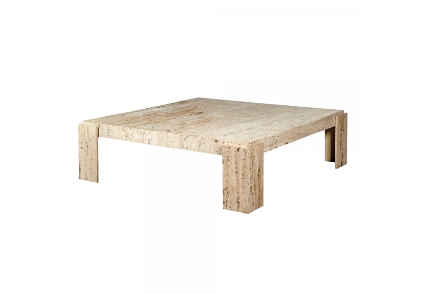 Luxusný mramorový travertínový konferenčný stolík Caldera v krémovej farbe v štvorcovom tvare s nízkymi nožičkami