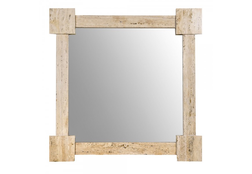 Luxusné moderné nástenné štvorcové travertínové zrkadlo Caldera z mramoru v krémovej farbe