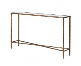 Glamour obdĺžnikový medený konzolový stolík Loper z kovu s mosadznou patinou a sklenenou priehľadnou doskou 127 cm 