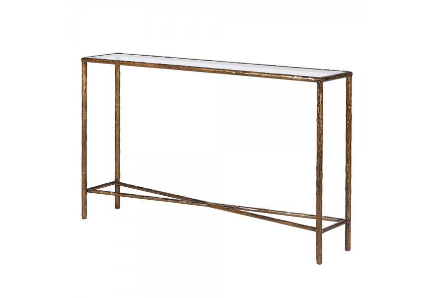 Art deco obdĺžnikový konzolový stolík Loper s medenou konštrukciou z kovu s mosadznou štruktúrou a vrchnou sklenenou priehľadnou doskou