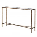 Glamour obdĺžnikov&yacute; meden&yacute; konzolov&yacute; stol&iacute;k Loper z kovu so starožitnou zlatou patinou a sklenenou priehľadnou doskou 127 cm 