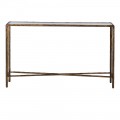 Glamour obdĺžnikov&yacute; meden&yacute; konzolov&yacute; stol&iacute;k Loper z kovu s mosadznou patinou a sklenenou priehľadnou doskou 127 cm 