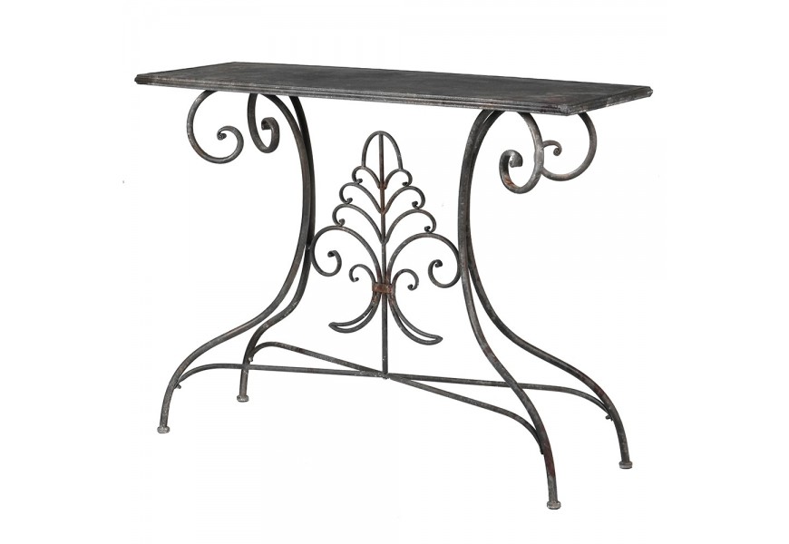 Klasický konzolový stolík Turia v obdĺžnikovom tvare v čiernej farbe z kovu so zdobením s florálnym motívom