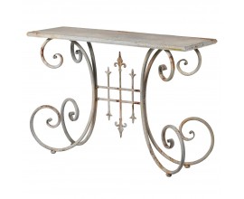 Dizajnov&yacute; vintage kovov&yacute; biely konzolov&yacute; stol&iacute;k Ludovica s obdĺžnikovou vrchnou doskou na ozdobn&yacute;ch noh&aacute;ch so zatočen&yacute;mi &scaron;pir&aacute;lov&yacute;mi ornamentami a starožitn&yacute;m patinovan&yacute;m efektom