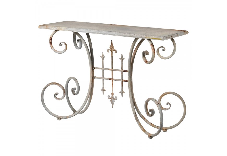 Dizajnový vintage kovový biely konzolový stolík Ludovica s obdĺžnikovou vrchnou doskou na ozdobných nohách so zatočenými špirálovými ornamentami a starožitným patinovaným efektom