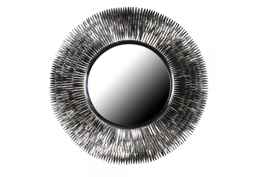 Dizajnové art deco okrúhle závesné chrómové zrkadlo Surya s rámom z kovu s dizajnom lúčov v piatich radoch
