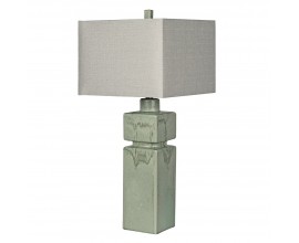 Dizajnová orientálna stolná lampa Zhejiang s keramickou nohou hranatého tvaru s dizajnom zelenej seladónovej vintage keramiky so štvorcovým tienidlom z ľanu v naturálnej béžovej farbe