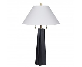 Moderná glamour stolná lampa Villara s dizajnovou skulpturálnou podstavou z akrylu v čiernej farbe so zlatou kovovou konštrukciou a bielym širokým ľanovým tienidlom kužeľovitého tvaru