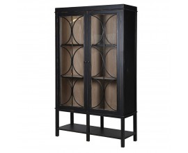 Luxusná vintage vitrína Antello s dvojitými presklenými dvierkami s geometrickou ozdobnou výplňou na dlhých nožičkách s otvorenou policou s čiernym lakovaním a vnútorným úložným priestorom v prírodnej hnedej farbe dreva