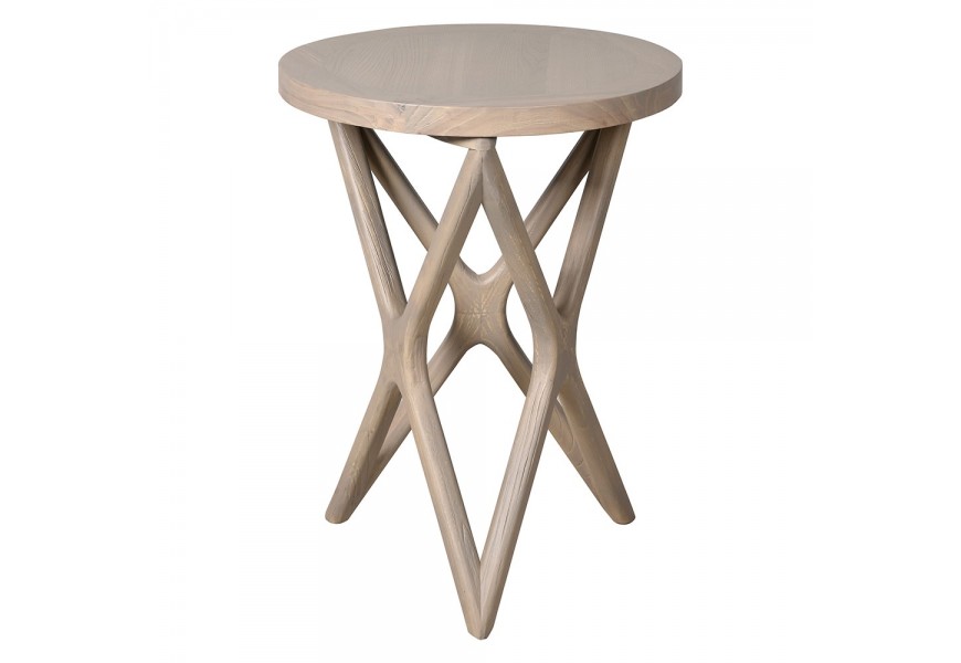 Luxusný dizajnový svetlý hnedý príručný stolík Estrella s krémovým náterom s okrúhlou vrchnou doskou so vzdušnou nohou zloženou z troch prvkov v tvare X spojených vrcholmi