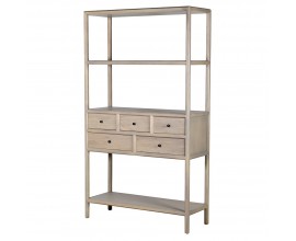 Luxusný moderný svetlý hnedý regál Angus z masívneho dreva s lineárnou konštrukciou s tromi otvorenými vysokými obdĺžnikovými policami a piatimi zásuvkami v dvoch radoch s malými okrúhlymi čiernymi kovovými úchytkami